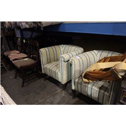 VINTAGE FURNITURE - INCLUDING SOFA, 2 TUB CHAIRS, FOLDING CHAIR, 4 DINING CHAIRS, TABLE, AND DESK