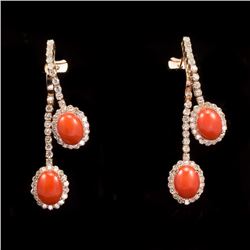 14K Gold 4.59ct Coral 2.80ct Diamond Earrings