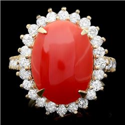 14k Yellow Gold 5.00ct Coral 1.35ct Diamond Ring