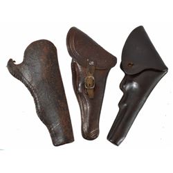 Three Antique Pocket Pistol Flap Holsters Three unmarked holsters. Two flap, one open top for pocket