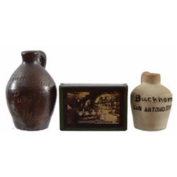 Buckhorn Saloon San Antonio Texas Sample Jug With a Buckhorn Saloon match cover, & and"International