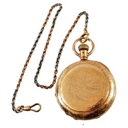 Elgin National Hunting Scene Gold Watch & Fob In very good non-working condition, engraved bird hunt