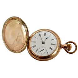 Engraved Steer Head Waltham Gold Watch Marked 17 jewels signed P.S. Bartlett inside case.