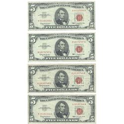 1963 $5 Fine Red Seal Bill Lot of 4