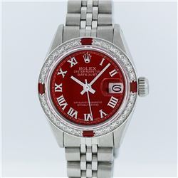 Rolex Stainless Steel Red Roman Diamond and Ruby DateJust Ladies Watch