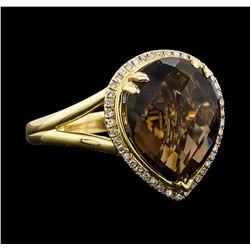 4.63 ctw Smoky Quartz and Diamond Ring - 14KT Yellow Gold