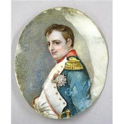 MINIATURE PAINTING ON IVORY, French. 19th Century. Of Napoleon in his general's uniform set in...