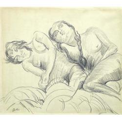 SIR JACOB EPSTEIN (English. 1880-1978), "Two Nude Models". Signed Epstein l/l., Pencil Drawin...