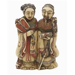 CARVED AND POLYCHROMED IVORY STUDY, Japanese. Early 20th Century. Signed. Of a standing emperor...
