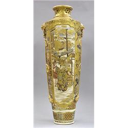 LARGE SATSUMA POTTERY VASE, Japanese. Meiji Period. Circa 1890. Of tapering cylindrical shape,...