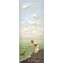 V. CAPESSIERO (Italian. Early 20th Century), "Girl Pulling in a Fishing Net". Signed V. Capessi...