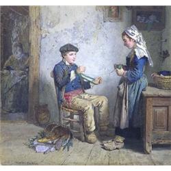 HERMANUS VAN DEN ANKER (Dutch. 1832-1883), "Boy and Girl Winding Yarn". Signed H. VD Anker l/l....
