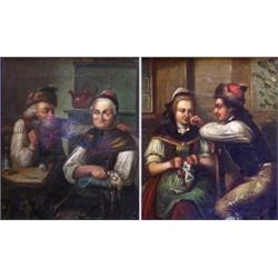 ITALIAN SCHOOL (19th Century), "Interior with Figures". Unsigned., Pair Oil on Canvas. Measur...