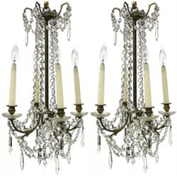 PAIR OF LOUIS XV STYLE BRASS AND GLASS FOUR LIGHT CHANDELIERS, Each rod standard terminating in...