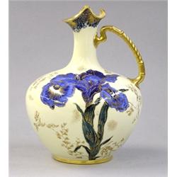 ROYAL CROWN DERBY PORCELAIN JUG, English. Date mark for 1885. With rope handle and garlic mouth...