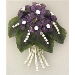 EXCEPTIONALLY FINE AMETHYST, DIAMOND AND JADE FLORAL BROOCH, Composed of seven carved amethyst...