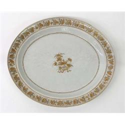 FINE EXPORT PORCELAIN TRAY, Chinese. 19th Century. Of oval form, centered by gilt flowers tied...