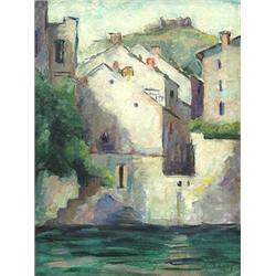 DORA LUST (American. 20th Century), "Village Near the Hills". Signed D. Lust l/r., Oil on Can...