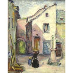 DORA LUST (American. 20th Century), "Walking through the Courtyard". Signed D. Lust l/r., Oil...