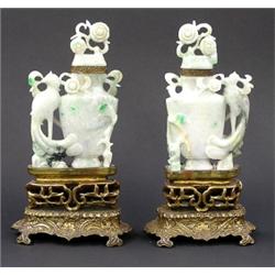 VERY GOOD PAIR OF APPLE GREEN JADEITE VASES AND COVERS, Chinese. 19th Century. Each of flattene...