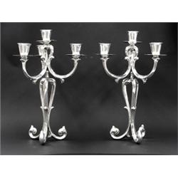 PAIR OF ART DECO STERLING SILVER FOUR LIGHT CANDELABRA, European. Circa 1930. Stamped 0.925. Th...