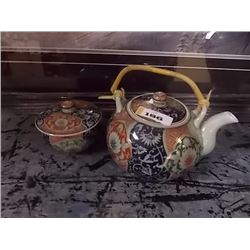 HAND PAINTED TEA POT & LIDDED DISH - BAMBOO HANDLE