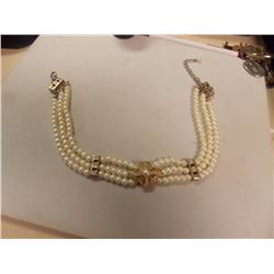 NECKLACE- 3 STRAND PEARL LIKE WITH RHINESTONE  - 14"