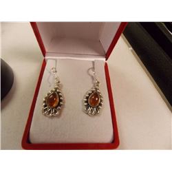 EARRINGS - NEW ORANGE BALTIC AMBER IN STERLING SILVER SETTING - SHEPHARD HOOKS - RETAIL ESTIMATE $35