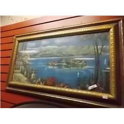 GOLD FRAMED PICTURE -ISLAND IN THE LAKE - 33" X 19