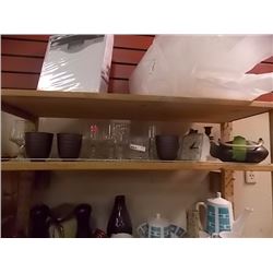 SHELF LOT OF GLASSES, TEA POT, ALARM CLOCK