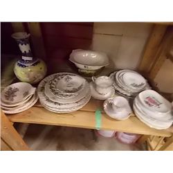 SHELF LOT ASSORTED CHINA PLATES AND MORE