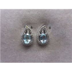 EARRINGS- NEW OVAL FACETED BLUE TOPAZ & DIAMONDS IN STERLING SILVER SETTING - INCLUDES CERTIFICATE $