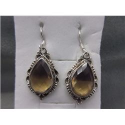 EARRINGS- PEAR FACETED & CUSION CUT AMETRINE IN STERLING SILVER SETTING - SHEPHARD HOOKS - ESTIMATED