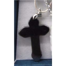 NECKLACE - CROSS DESIGNED HEMATITE GEM STONE WITH STERLING SILVER CHAIN - RETAIL ESTIMATE $150