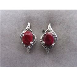 EARRINGS - 1.5CT OVAL FACETED RUBY & DIAMONDS IN STERLING SILVER SETTING - POST & BUTTERFLY BACK - I