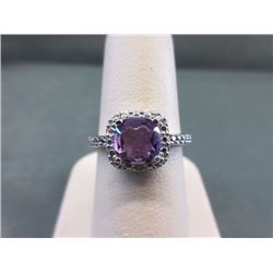 RING - 1.25CT SQUARE CUSION CUT AMETHYST & DIAMOND IN STERLING SILVER SETTING - INCLUDES CERTIFICATE
