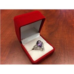 NEW RING - 4CT PEAR FACETED AMETHYST & 2 DIAMONDS IN STERLING SILVER SETTING - INCLUDES $410 CERTIFI