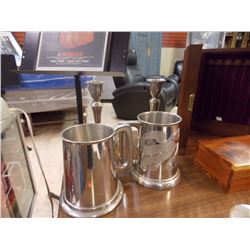PEWTER BEER MUGS (2) AND CANDLE HOLDERS