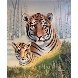 Captivating tiger and baby cub portrait original oil