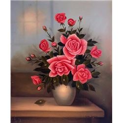 Finely detailed vivacious still life pink flowers/vase