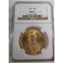 1922 $ 20 Gold Saint Gauden's MS 63 NGC