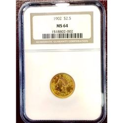 1902 MS 64 $ 2.5 Gold Liberty NGC