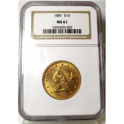 1881 MS 61 NGC $ 10 Gold Liberty