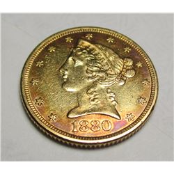 1880 P $5 FIVE Gold Liberty Half Eagle