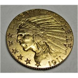 1911 S $5 FIVE Gold Indian Half Eagle