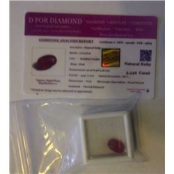 GEMSTONE - 3.546CT OVAL FACETTED REDISH PURPLE NATURAL RUBY - INCLUDES GEMSTONE CERTIFICATION CARD -