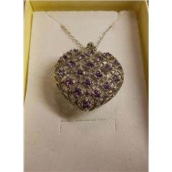 NECKLACE - 20 ROUND FACETTED AMETHYST IN STERLING SILVER 3D PUFF HEART DESIGN - INCLUDES CERTIFICATE