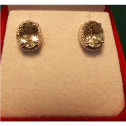 EARRINGS - GREEN AMETHYST & DIAMONDS IN STERLING SILVER SETTING - ESTIMATES RETAIL $300