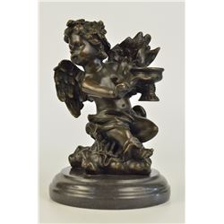 Cherub Angel With Flowers Bronze Sculpture Candle Holder (9"X5")