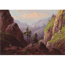 Carl Henrik Jonnevold, (1856-1930), American, IN THE CALIFORNIA, SIERRAS, Oil on board; sig...